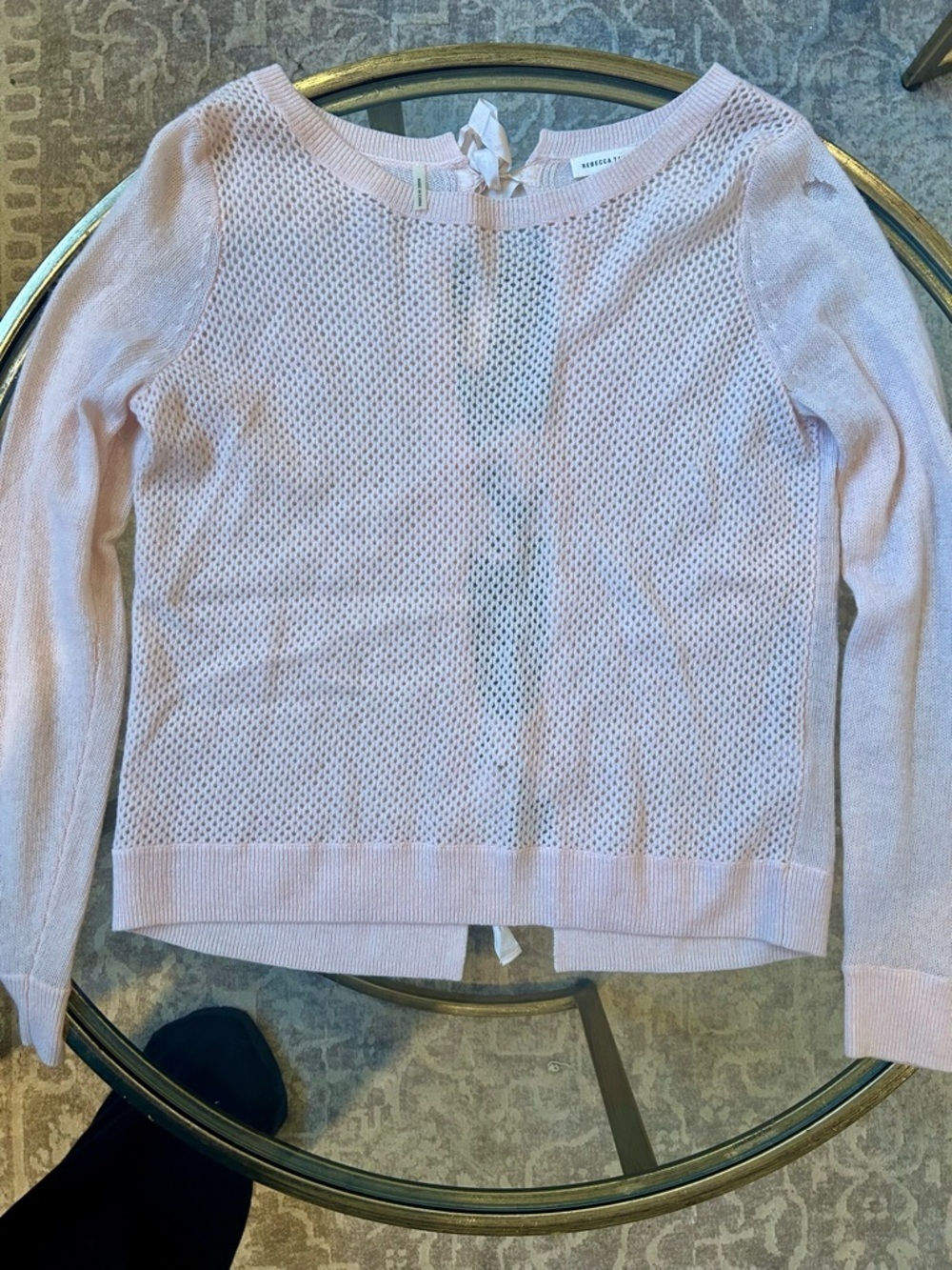 Rebecca Taylor Pink Cashmere Tie Back Sweater, Open Knit Bow Details, Size M - Picture 8 of 8